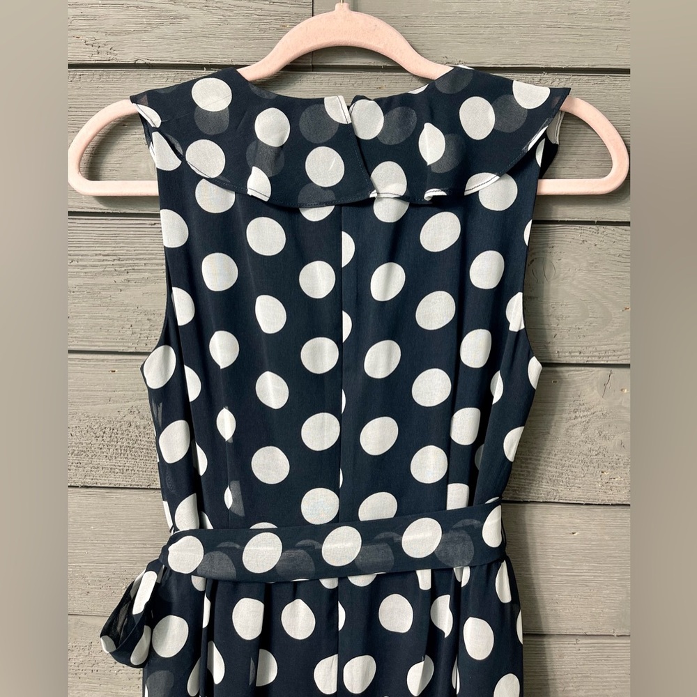 SALONI Flowy Sleeveless Navy Ruffle Wrap Dress with White Polkadots Sz 4 Summer - Picture 8 of 15